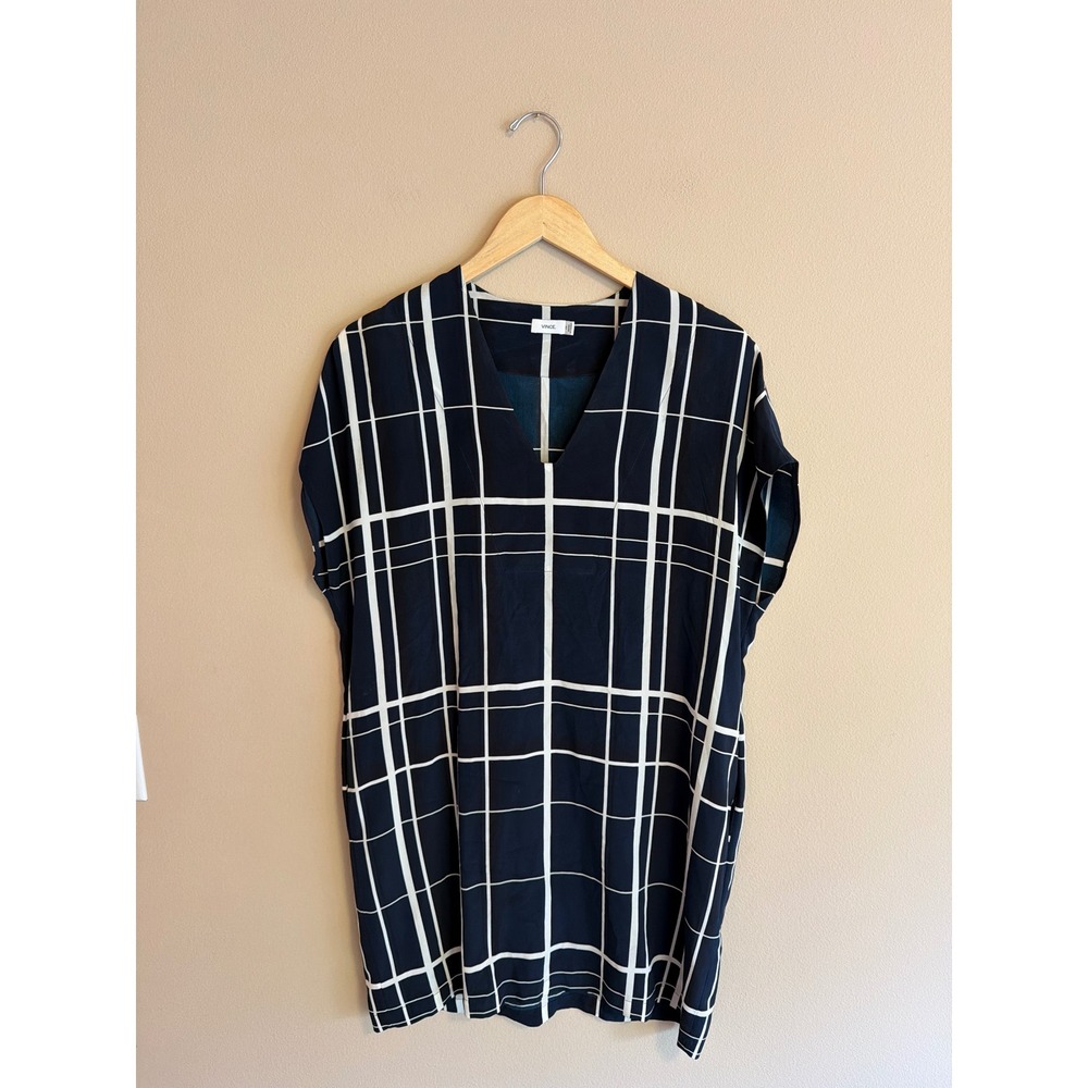 Vince Navy Blue‎ White Windowpane Plaid 100% Silk V-Neck Shift Dress XS